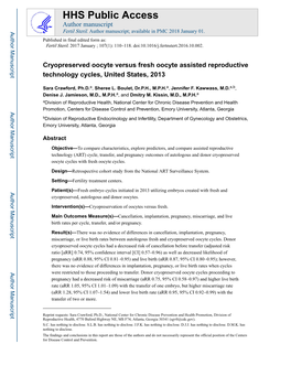 Cryopreserved Oocyte Versus Fresh Oocyte Assisted Reproductive Technology Cycles, United States, 2013