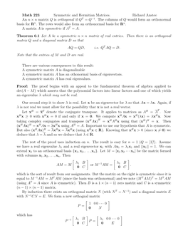 Math 223 Symmetric and Hermitian Matrices. Richard Anstee an N × N Matrix Q Is Orthogonal If QT = Q−1