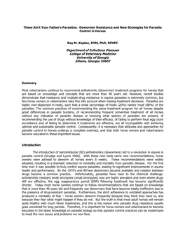 These Ain't Your Father's Parasites: Dewormer Resistance and New Strategies for Parasite Control in Horses