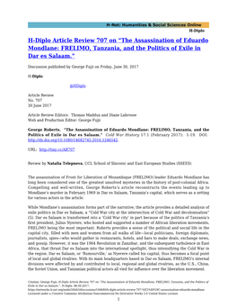 The Assassination of Eduardo Mondlane: FRELIMO, Tanzania, and the Politics of Exile in Dar Es Salaam.”