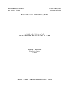 Regional Oral History Office University of California the Bancroft Library Berkeley, California
