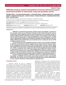 MNS16A Tandem Repeat Minisatellite of Human Telomerase Gene: Functional Studies in Colorectal, Lung and Prostate Cancer