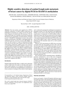 Highly Sensitive Detection of Sentinel Lymph Node Metastasis of Breast Cancer by Digital PCR for RASSF1A Methylation