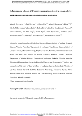 Inflammasome Adaptor ASC Suppresses Apoptosis of Gastric Cancer Cells by an IL-18 Mediated Inflammation-Independent Mechanism