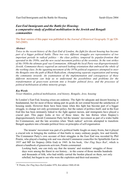 East End Immigrants and the Battle for Housing Sarah Glynn 2004