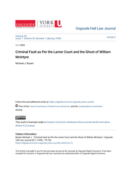 Criminal Fault As Per the Lamer Court and the Ghost of William Mcintyre