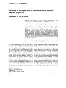 Selectivity in the Exploitation of Floral Resources by Hoverflies (Diptera