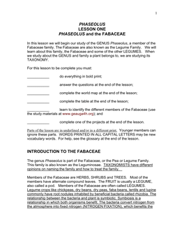 PHASEOLUS LESSON ONE PHASEOLUS and the FABACEAE INTRODUCTION to the FABACEAE