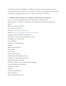 The Following Lawyers in the Dhahran / Al-Khobar / Dammam Area Have Expressed Interest in Providing Legal Services and Advice to U.S