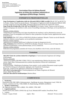 Curriculum Vitae De Rahma Bouzid Ingénieur En Génie Des Systèmes Industriels Et Logistiques (Enicarthage, Tunisie) EXPERIENCE