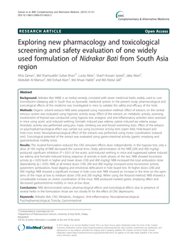 Exploring New Pharmacology and Toxicological Screening and Safety