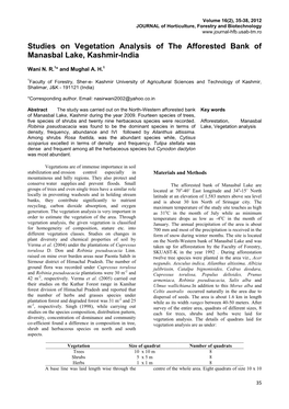 Studies on Vegetation Analysis of the Afforested Bank of Manasbal Lake, Kashmir-India