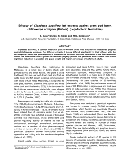 Efficacy of Cipadessa Baccifera Leaf Extracts Against Gram Pod Borer, Helicoverpa Armigera (Hübner) (Lepidoptera: Noctuidae)