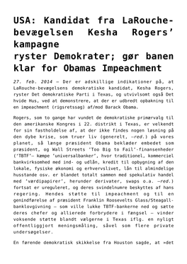 USA: Kandidat Fra Larouche-Bevægelsen Kesha Rogers' Kampagne &lt;Br&gt;Ryster Demokrater; Gør Banen Klar for Obamas Impeachm