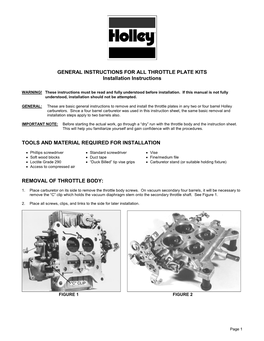 GENERAL INSTRUCTIONS for ALL THROTTLE PLATE KITS Installation Instructions