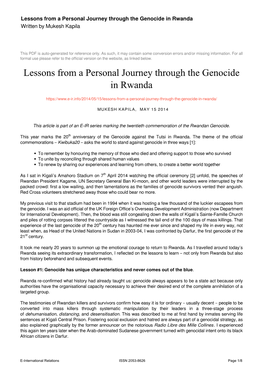 Lessons from a Personal Journey Through the Genocide in Rwanda Written by Mukesh Kapila