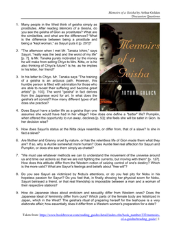 Memoirs of a Geisha by Arthur Golden Discussion Questions Taken From