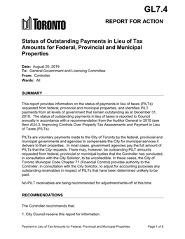 Status of Outstanding Payments in Lieu of Tax Amounts for Federal, Provincial and Municipal Properties