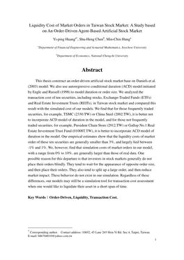 Liquidity Cost of Market Orders in Taiwan Stock Market: a Study Based on an Order-Driven Agent-Based Artificial Stock Market