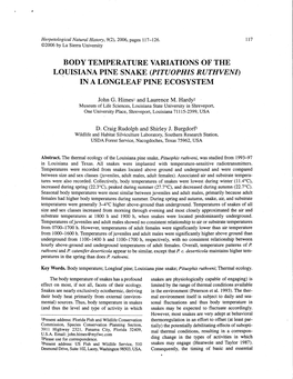 Body Temperature Variations of the Louisiana Pine Snake (Pituophis Ruthvent) in a Longleaf Pine Ecosystem