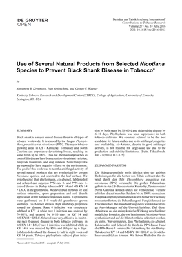 Use of Several Natural Products from Selected Nicotiana Species to Prevent Black Shank Disease in Tobacco* By