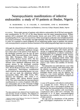 Neuropsychiatric Manifestations of Infective Endocarditis: a Study of 95 Patients at Ibadan, Nigeria