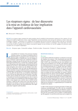 Les Récepteurs Sigma : De Leur Découverte À La Mise En Évidence De Leur Implication Dans L’Appareil Cardiovasculaire