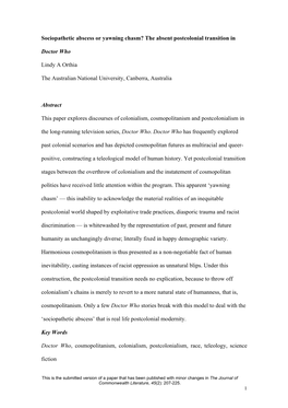 Sociopathetic Abscess Or Yawning Chasm? the Absent Postcolonial Transition In