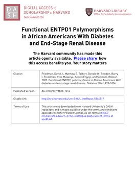 Functional ENTPD1 Polymorphisms in African Americans with Diabetes and End-Stage Renal Disease