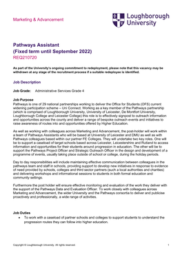 Pathways Assistant (Fixed Term Until September 2022) REQ210720