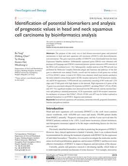 Identification of Potential Biomarkers and Analysis of Prognostic Values in Head and Neck Squamous Cell Carcinoma by Bioinformatics Analysis