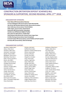 Construction (Retention Deposit Schemes) Bill Sponsors & Supporters, Second Reading: April 27Th 2018