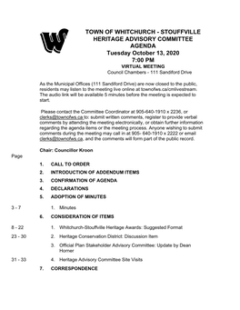 HERITAGE ADVISORY COMMITTEE AGENDA Tuesday October 13, 2020 7:00 PM VIRTUAL MEETING Council Chambers - 111 Sandiford Drive