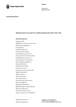 Remissinstanser För Immunitet För Utställningsföremål, SOU 2021:28