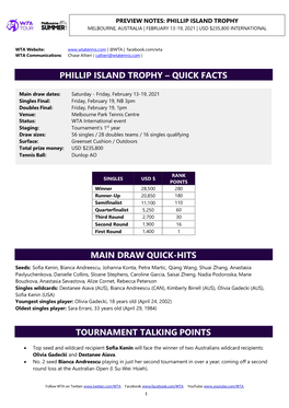 Phillip Island Trophy Melbourne, Australia | February 13-19, 2021 | Usd $235,800 International