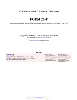 WIPRO LTD Form 20-F Filed 2019-06-11