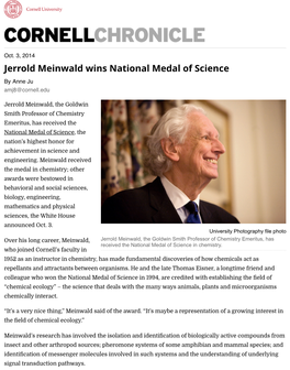 Jerrold Meinwald Wins National Medal of Science by Anne Ju Amj8@Cornell.Edu