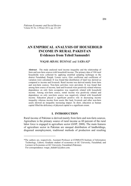 AN EMPIRICAL ANALYSIS of HOUSEHOLD INCOME in RURAL PAKISTAN Evidences from Tehsil Samundri