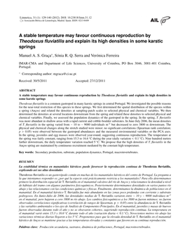 A Stable Temperature May Favour Continuous Reproduction by Theodoxus ﬂuviatilis and Explain Its High Densities in Some Karstic Springs