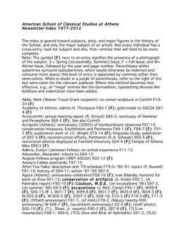 American School of Classical Studies at Athens Newsletter Index 1977-2012 the Index Is Geared Toward Subjects, Sites, and Major