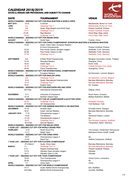 Calendar 2018/2019 Dates & Venues Are Provisional and Subject to Change