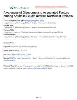 Awareness of Glaucoma and Associated Factors Among Adults in Sekela District, Northwest Ethiopia