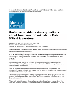 Undercover Video Raises Questions About Treatment of Animals in Baie D’Urfé Laboratory