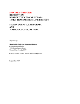 RECREATION SPECIALIST REPORT SEPTEMBER 2014 BORDERTOWN to CALIFORNIA 120 KV TRANSMISSION LINE I LIST of TABLES