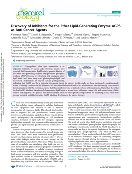 Discovery of Inhibitors for the Ether Lipid-Generating Enzyme AGPS As Anti-Cancer Agents † # ‡ # § # † § Valentina Piano, , Daniel I