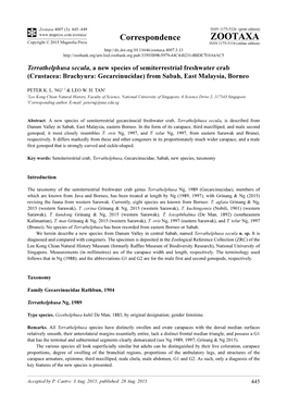 Terrathelphusa Secula, a New Species of Semiterrestrial Freshwater Crab (Crustacea: Brachyura: Gecarcinucidae) from Sabah, East Malaysia, Borneo