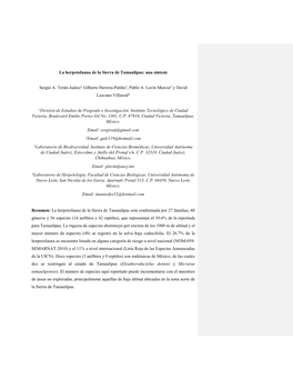 La Herpetofauna De La Sierra De Tamaulipas: Una Síntesis