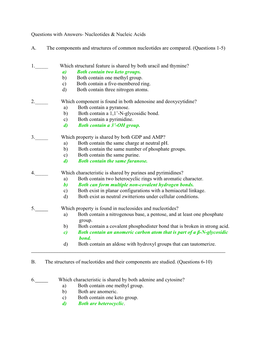 Questions with Answers- Nucleotides & Nucleic Acids A. the Components