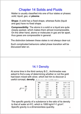 Chapter 14 Solids and Fluids Matter Is Usually Classified Into One of Four States Or Phases: Solid, Liquid, Gas, Or Plasma