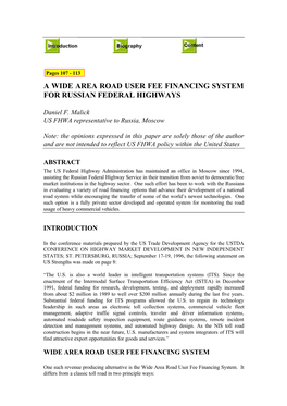 A Wide Area Road User Fee Financing System for Russian Federal Highways